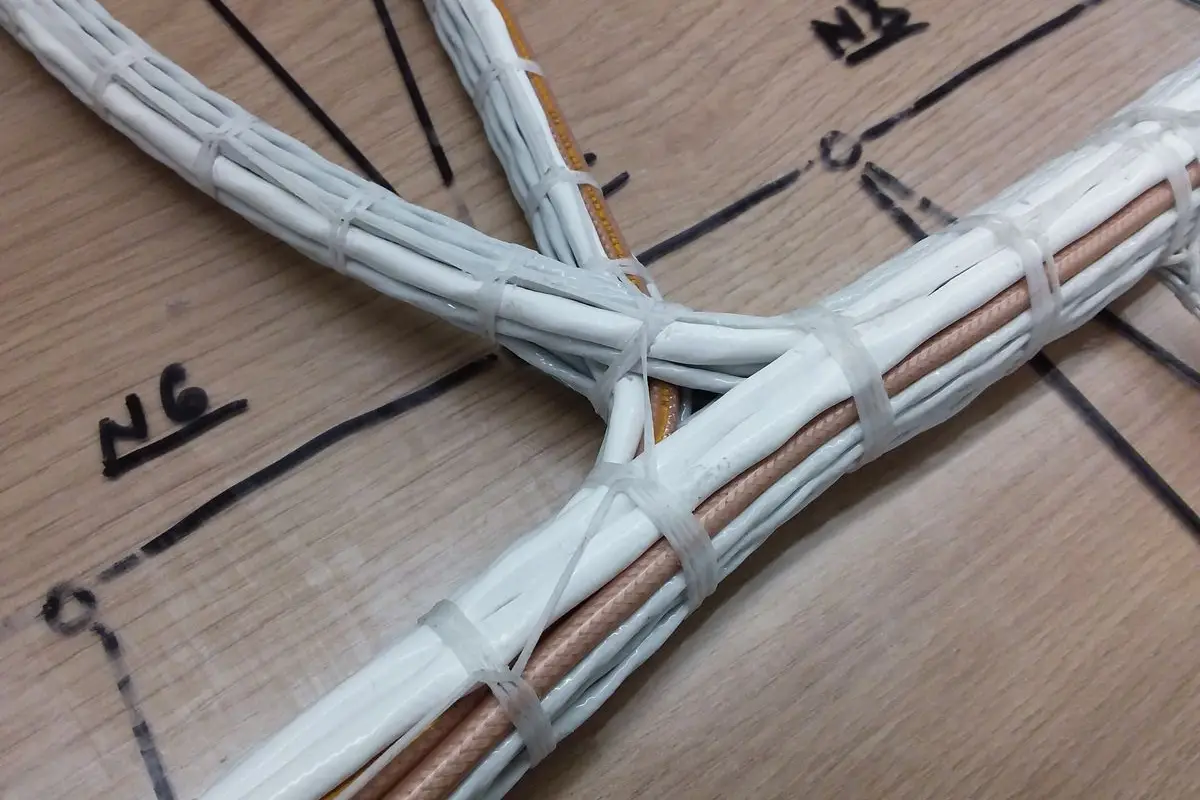 Wiring harness laid out on a labelled formboard
