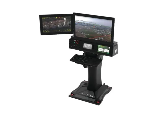 AeroIntel operator workstation with two mission displays on a pedestal mount