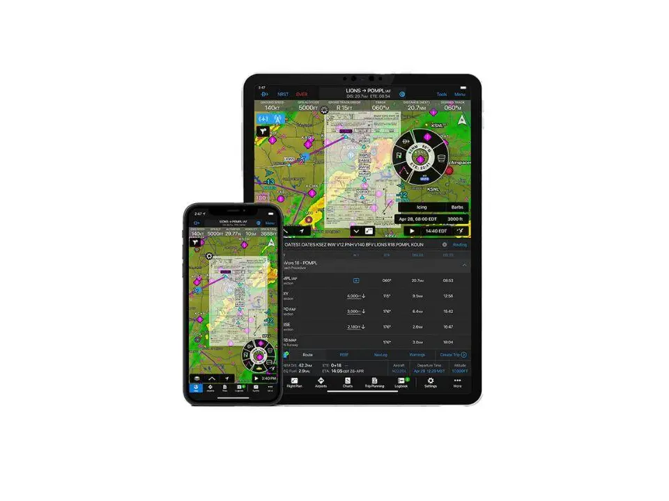 Tablet and phone showing a moving map synchronised with the panel avionics