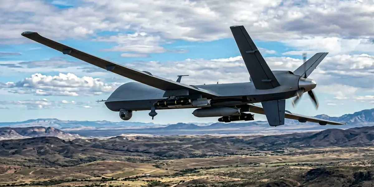 Fixed-wing MALE drone in flight — ADS-B Out equipped for BVLOS operations