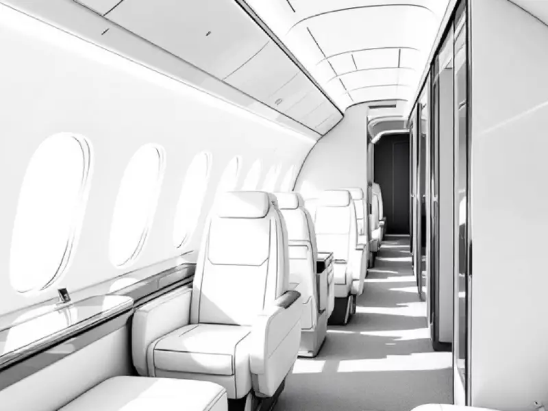 Line drawing of an aircraft cabin with windows, seats and a partition