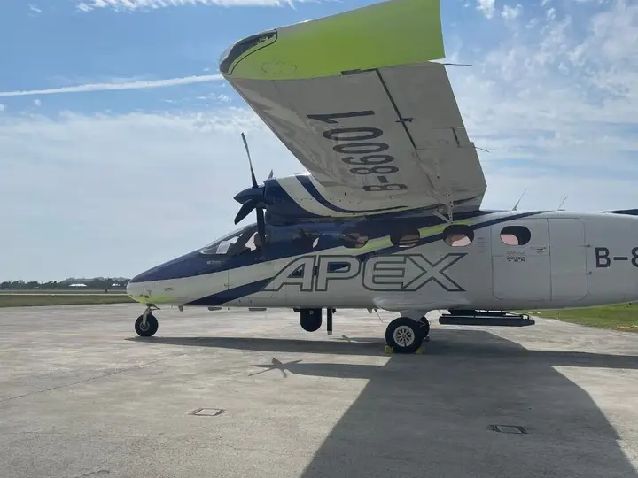 GOSHAWK Tecnam P2012 special-mission aircraft on the ramp with the radar pod under the fuselage