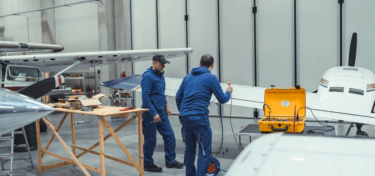 Technicians preparing a light aircraft for avionics testing in the Kunovice hangar