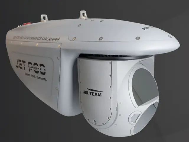 JETPOD ISR pod with EO/IR turret, three-quarter view