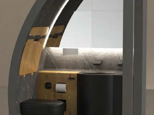 Rendering of a concept lavatory with curved structure and lighting