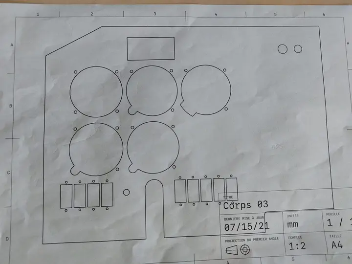 Panel layout template drawing with instrument cut-outs