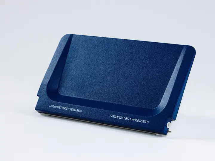 Navy moulded tray with printed instructions on its surface
